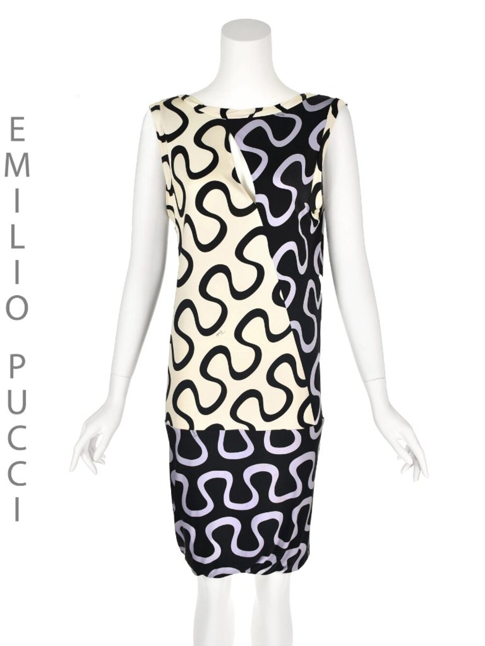 EMILIO PUCCI Vintage Ivory, Black, & Lavender Silk Knit Dress IT44 US8-10